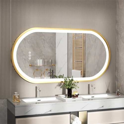 LED Bathroom Mirror Oval Illuminated Wall Mirror Aluminum Gold Frame Memory Anti-fog 3 Changeable Color, IP56 800/1000/1200MM - vue 3 sur 9