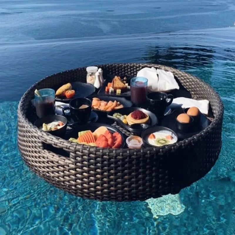 plateau en rotin nordique pour fruits et boissons de piscine