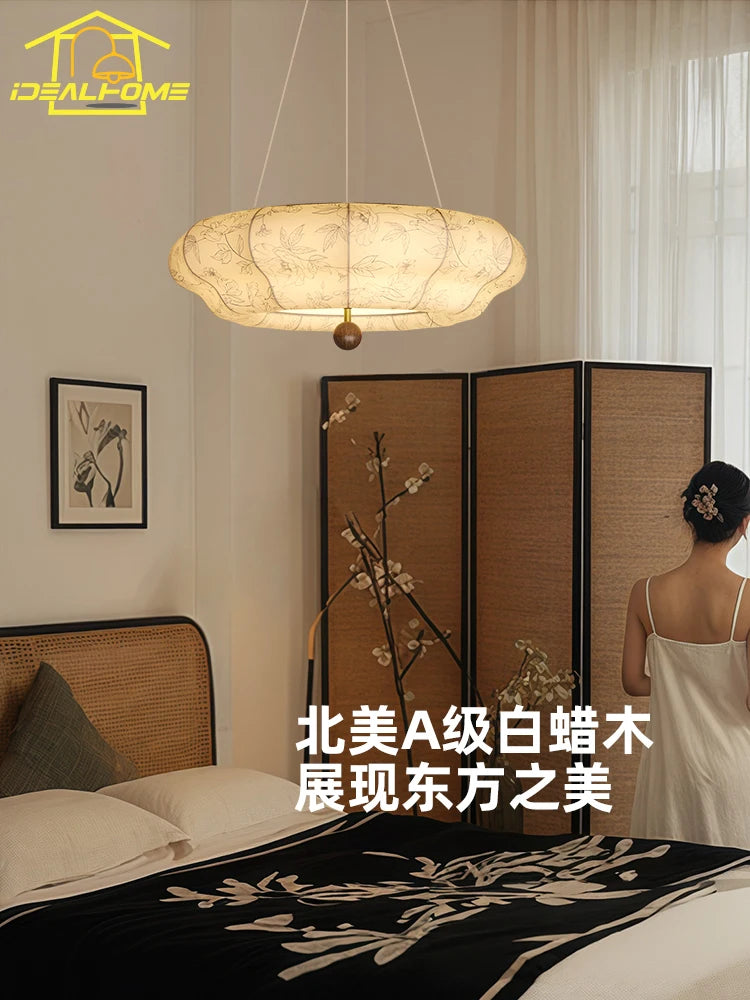suspension en bois massif et tissu style rétro médiéval décoratif - vue 4 sur 8