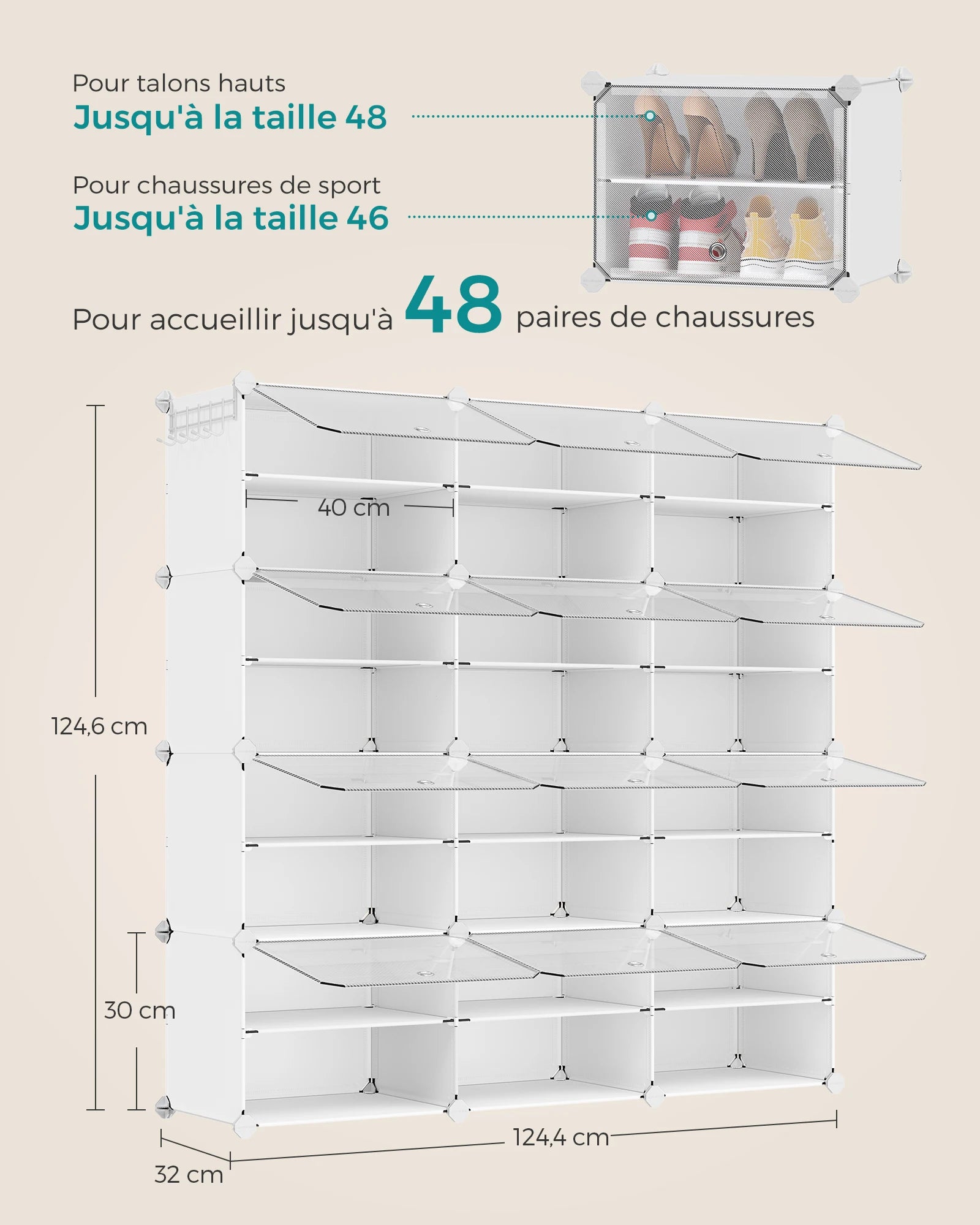SONGMICS 12-Compartment Shoe Rack, Modular Storage Shelf, 30 x 40 x 30 cm Compartment, White - vue 5 sur 7