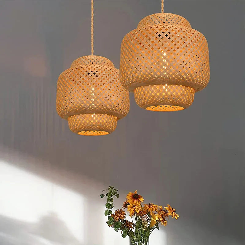 suspension antique en corde de chanvre et bambou tissé à intensité variable - vue 10 sur 11