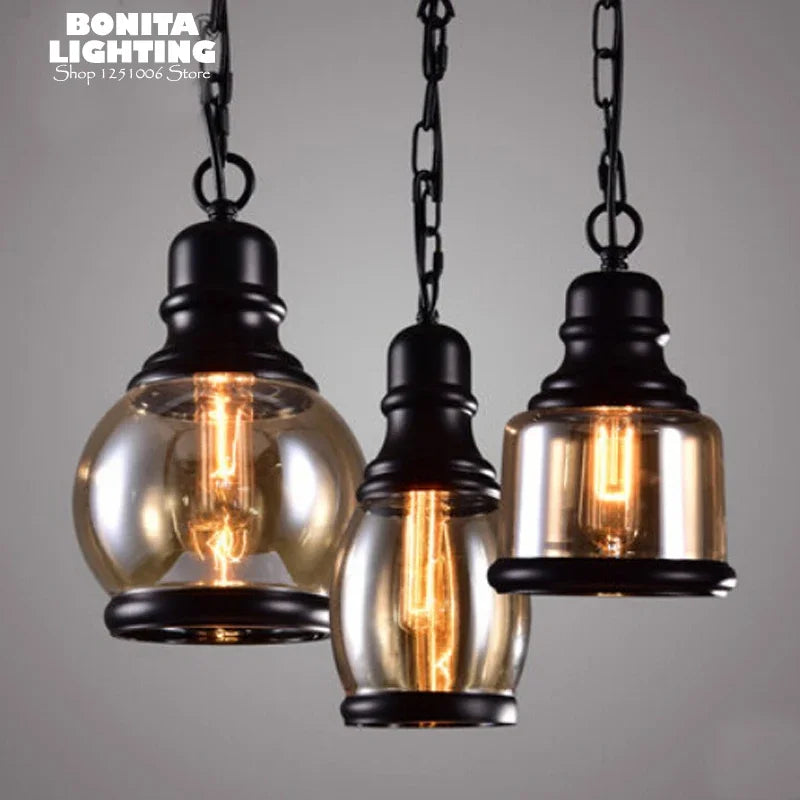 suspension industrielle rétro en verre ambré avec corde de chanvre - vue 3 sur 6