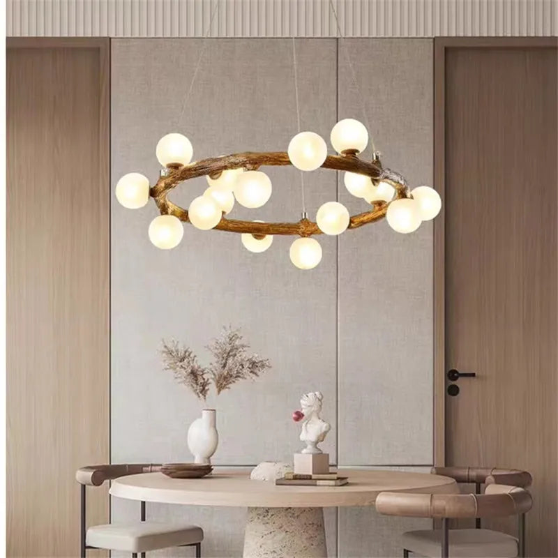 lustre rétro en forme de branche d'arbre en bois et verre - vue 4 sur 13