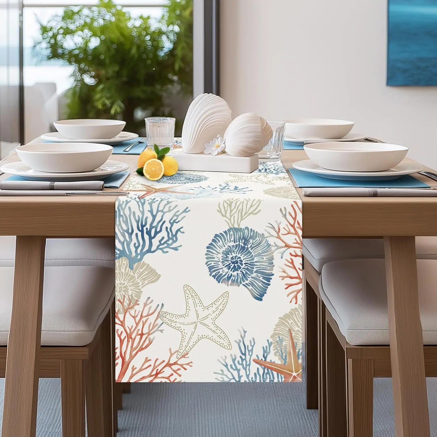 Chemin de table lin motif ocean style nautique - vue 2 sur 6