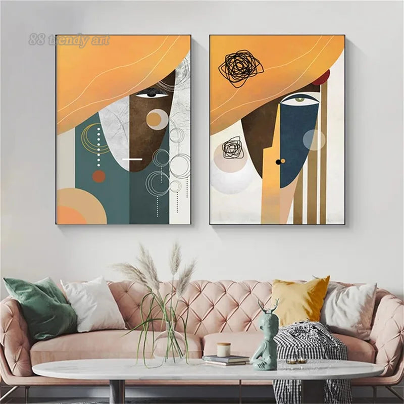 art mural abstrait avec personnages modernes pour décoration intérieure