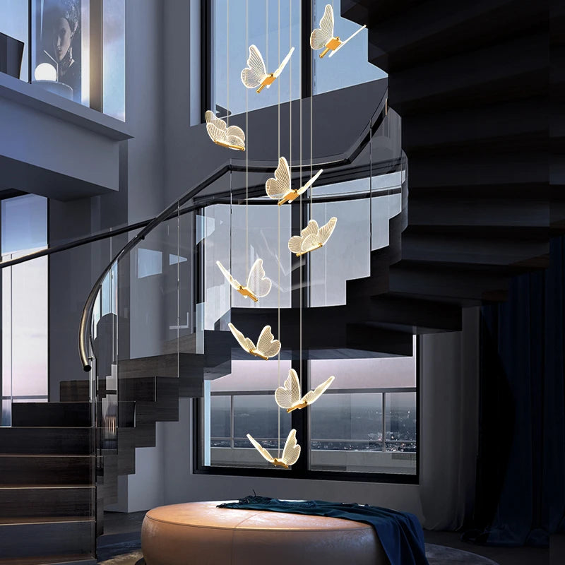 lustre d'escalier moderne acrylique forme de papillon Duplex salon salle à manger Art LED lustre d'escalier lustre en cristal - vue 3 sur 13
