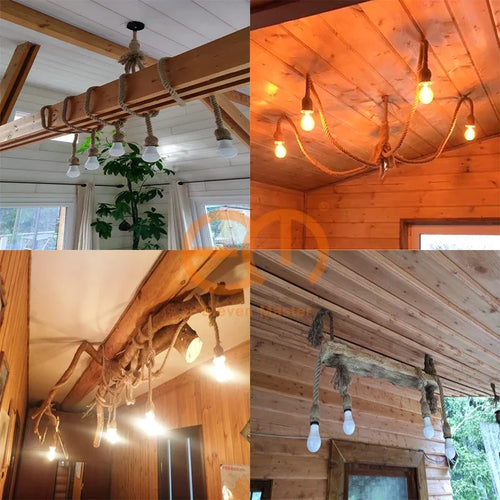 Vintage industrial loft pendant light in hemp rope, 1 to 5 heads - vue 7 sur 11