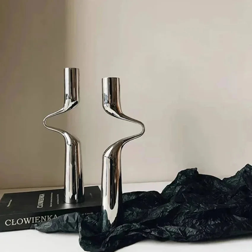 bougeoir en métal argenté candélabre de luxe double tête décoratif - vue 4 sur 9