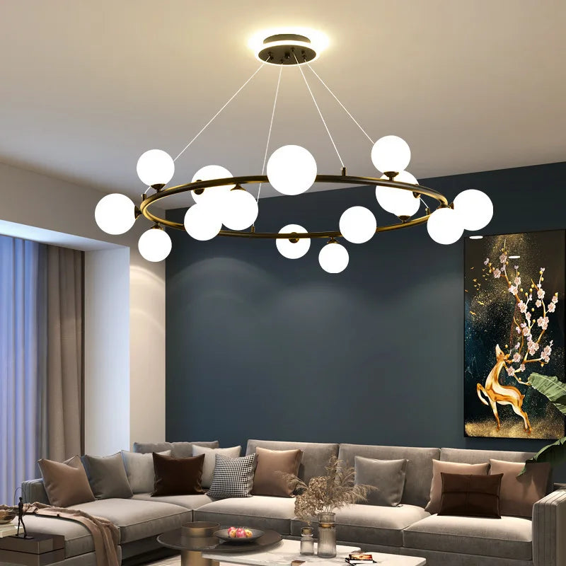 lampe suspendue nordique avec boule de verre et anneau mat réglable - vue 4 sur 14