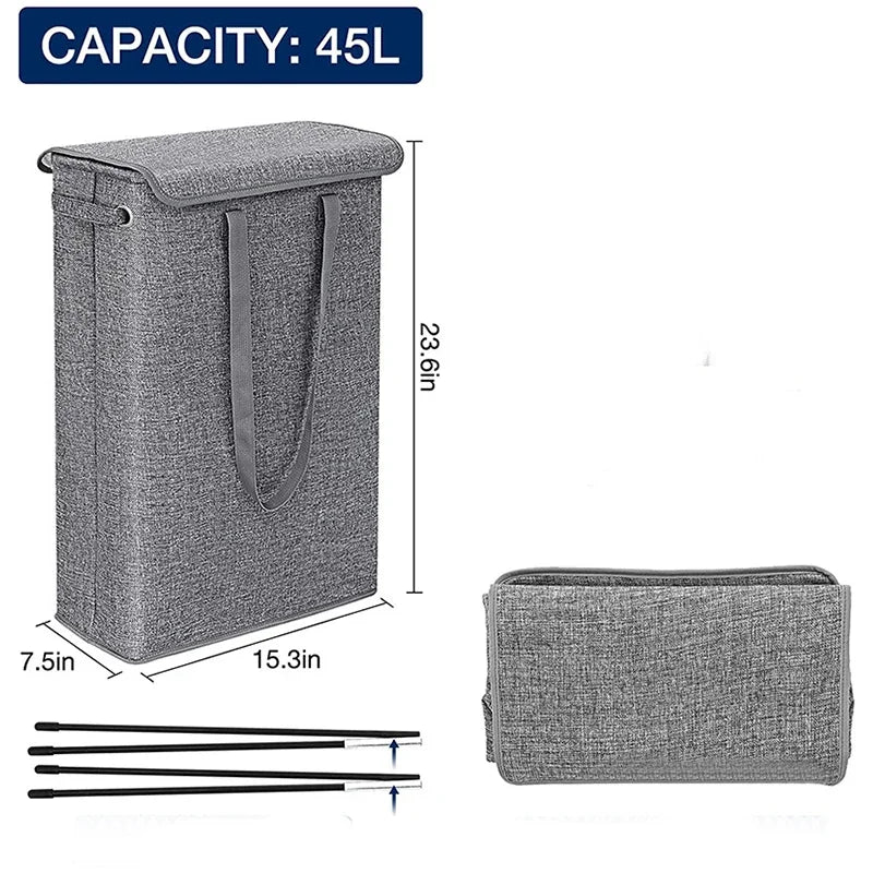 45L Slimline Laundry Hamper with Lid, Family Bathroom Life Clothes Pants Storage Dirty Clothes Basket Folding Laundry Basket - vue 6 sur 9