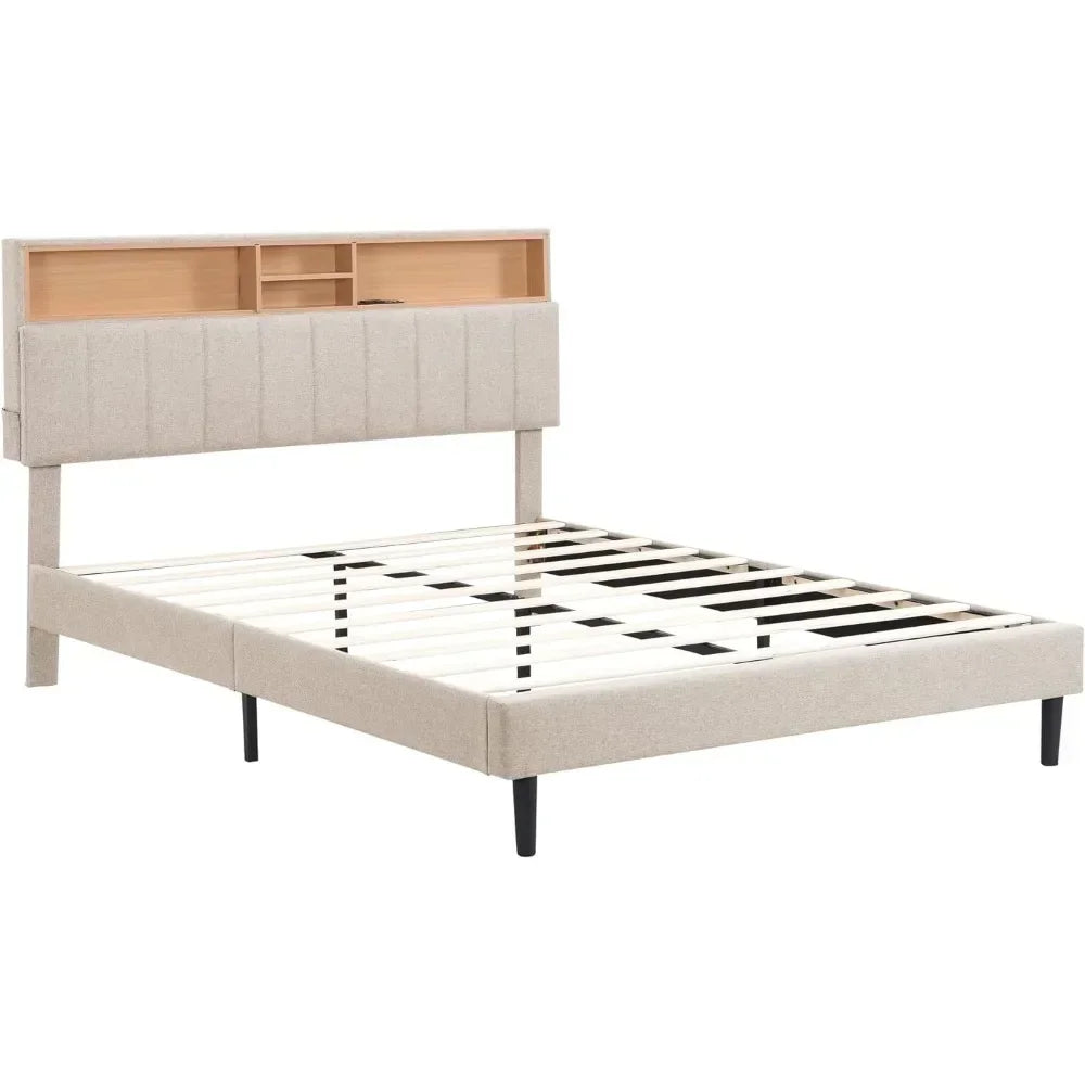 Bed frame bedroom furniture: headboard with storage and USB ports, full, grey modern upholstered platform bed - vue 6 sur 8