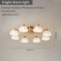 Nordic rubber wood ceiling lights with glass lampshades for modern living room, warm white or cool light, bedroom chandelier