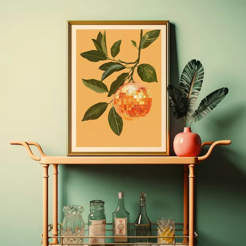 affiche créative boule disco fruit abstrait rétro peinture murale décorativa