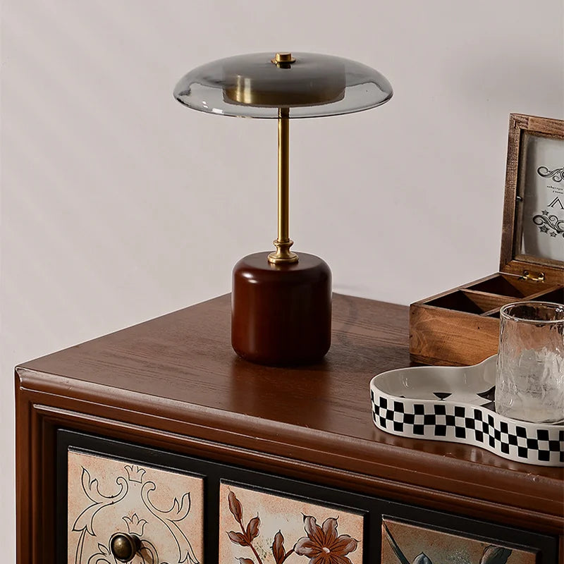 lampe à poser rétro en verre bois et cuivre design artistique - vue 6 sur 8