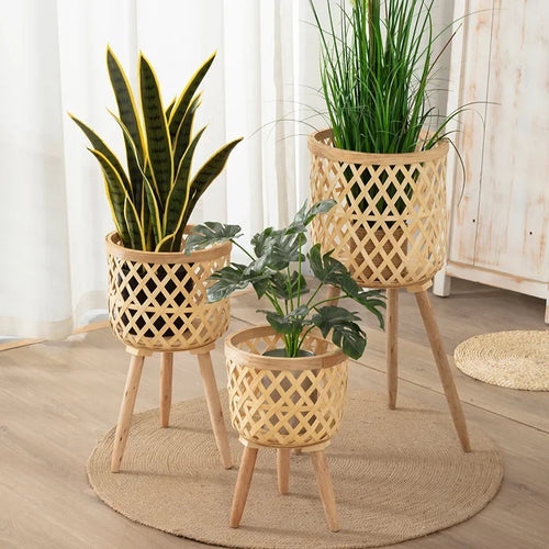 Nordic style rattan woven flower pot, indoor balcony, living room, plants, green ivy, hand woven wooden high legged floor flower - vue 2 sur 6
