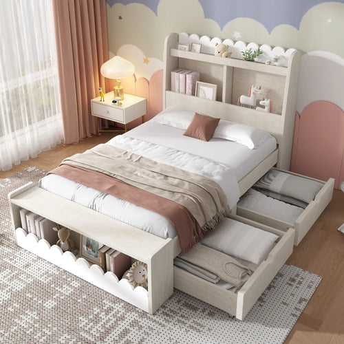 Children bed single bed storage bed with drawers, shelf and bench with storage space, wooden bed 90x200 cm, bed frame and slattenro