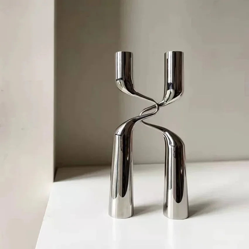 bougeoir en métal argenté candélabre de luxe double tête décoratif - vue 6 sur 9