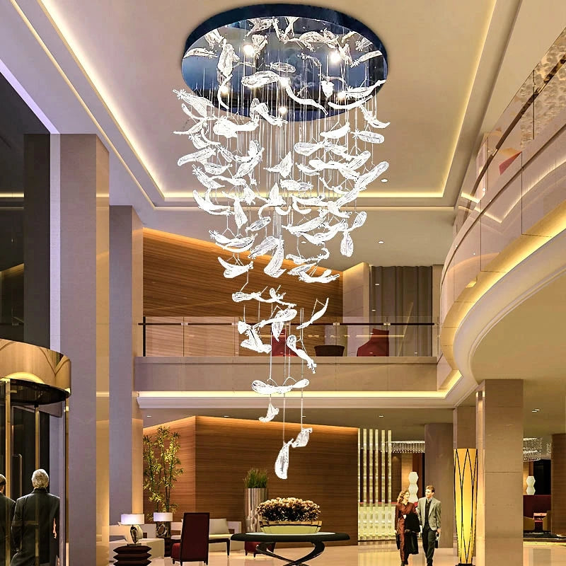 lustre plume en cristal led moderne en acier inoxydable
