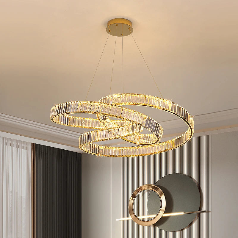 Modern postmodern luxury minimalist nordic crystal LED chandelier for living room or villa, circular ring - vue 5 sur 9