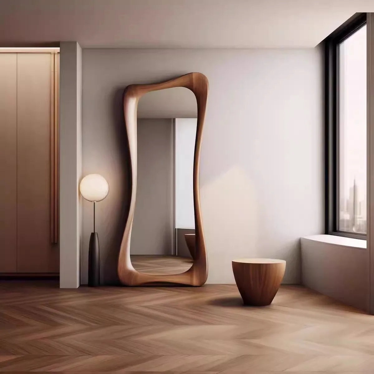 miroir décoratif de luxe artistique en bois de noyer léger - vue 3 sur 5