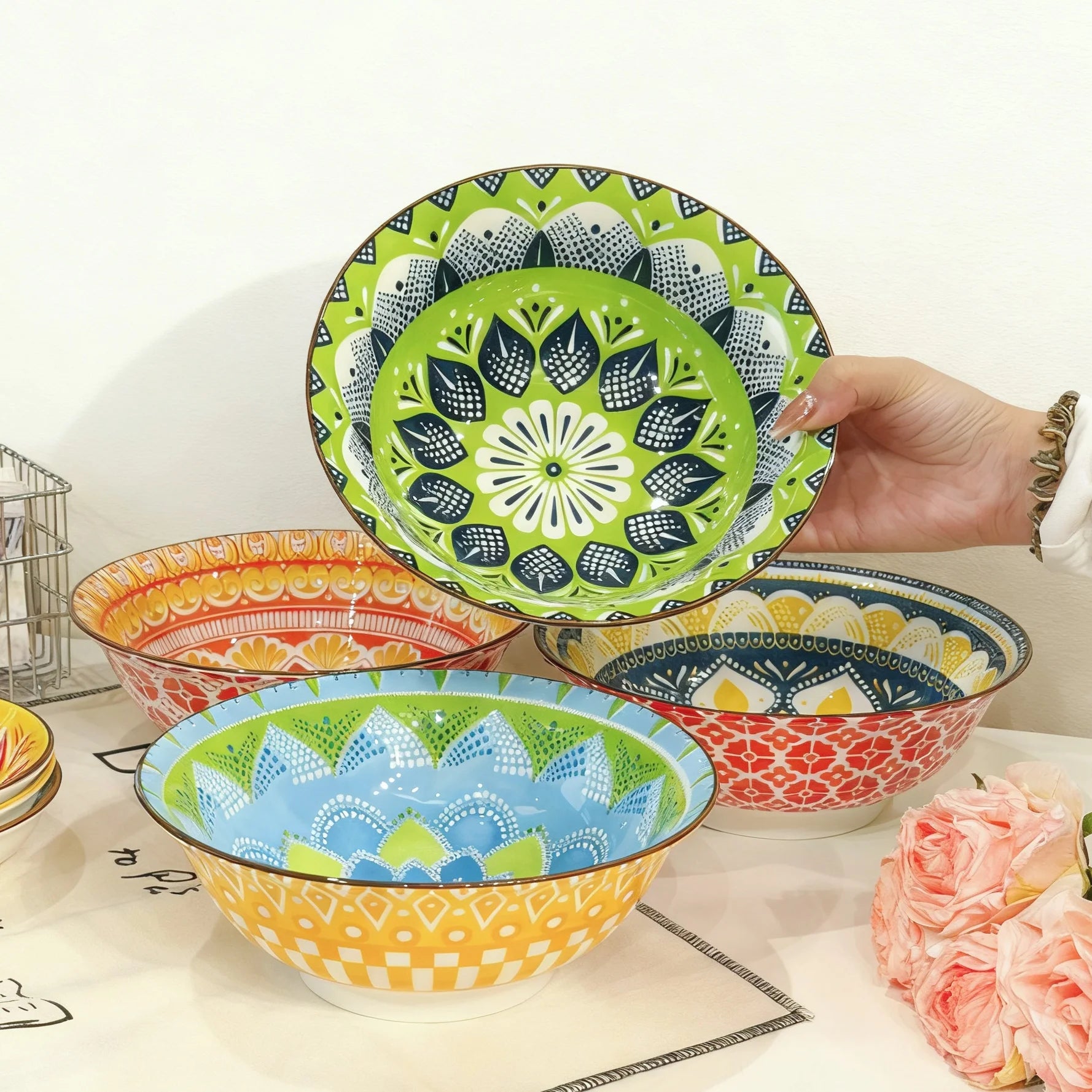 Bol céramique bohème motifs 20 cm soupe ramen - vue 2 sur 7