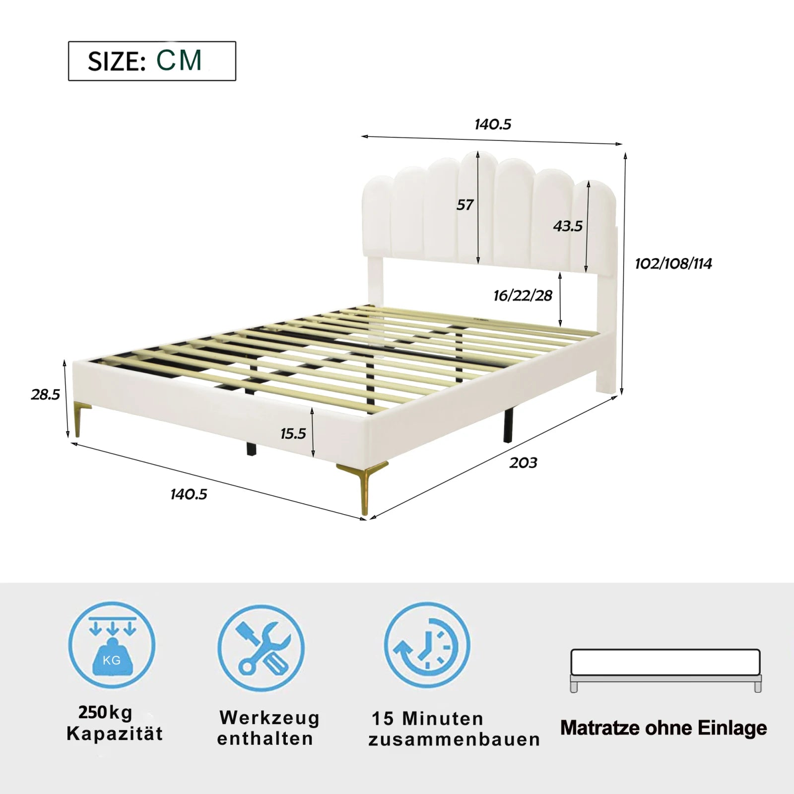 Upholstered Bed 140x200 cm, Bed Frame With Headboard And Slatted Frame, Adult-Youth In Skin-Friendly Velvet Fabric - vue 6 sur 6