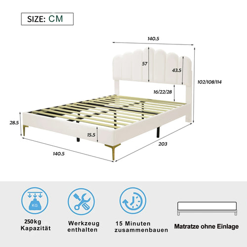 Upholstered Bed 140x200 cm, Bed Frame With Headboard And Slatted Frame, Adult-Youth In Skin-Friendly Velvet Fabric - vue 7 sur 6