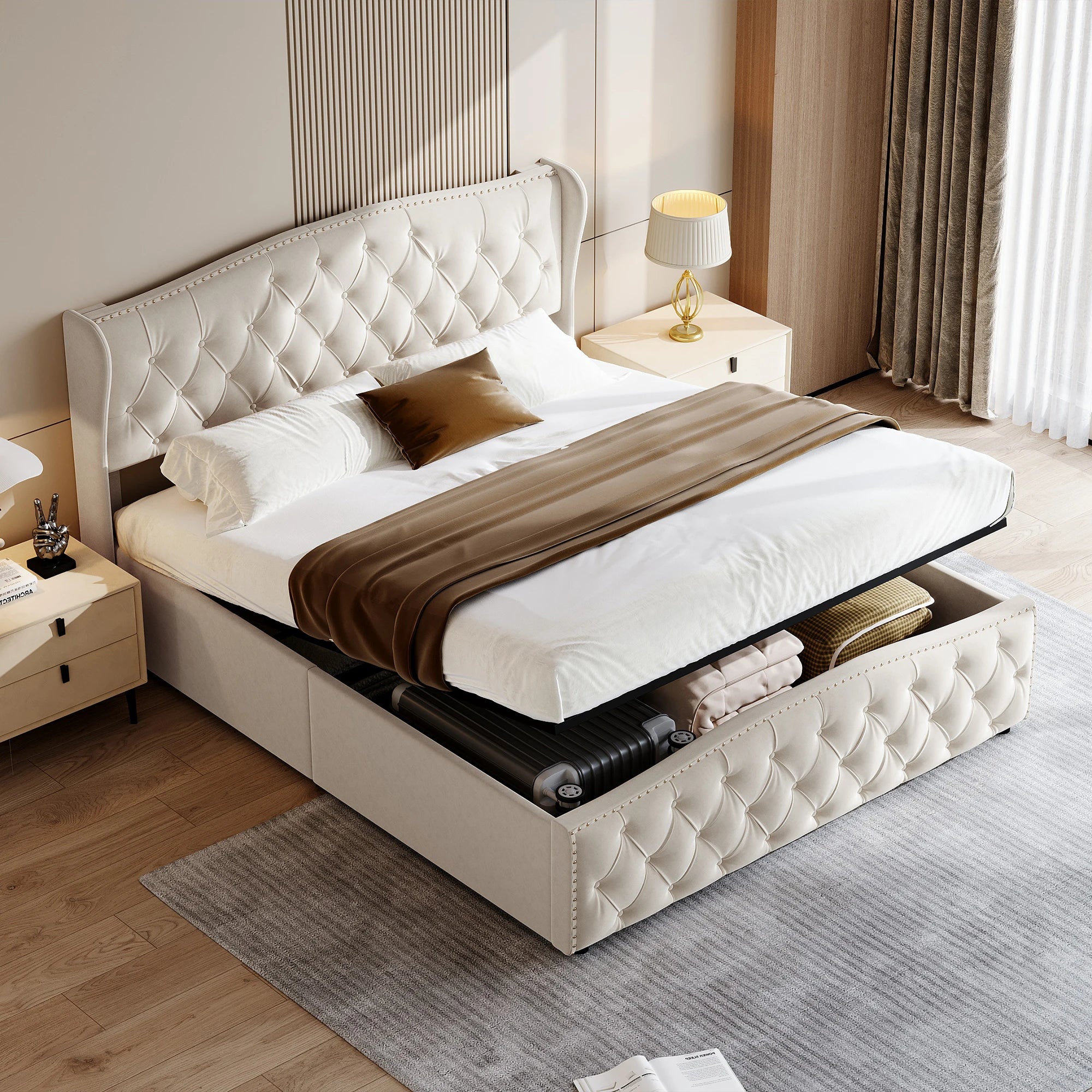 160 x 200 cm Modern Double Bed, Bed with Storage Space and Backrest, with Slatted Frame, Load-Bearing 250 kg, without Mattress - vue 6 sur 8