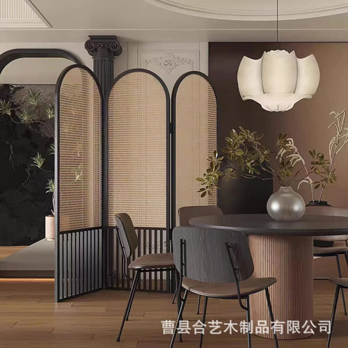 French rattan woven screen, solid wood, foldable, movable fireplace, covering living room decoration, simple home entry - vue 4 sur 9