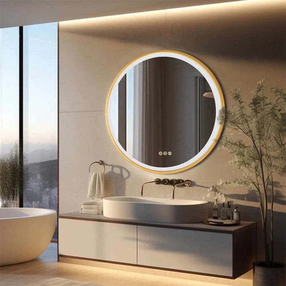 miroir rond éclairé avec cadre doré et fonction mémoire