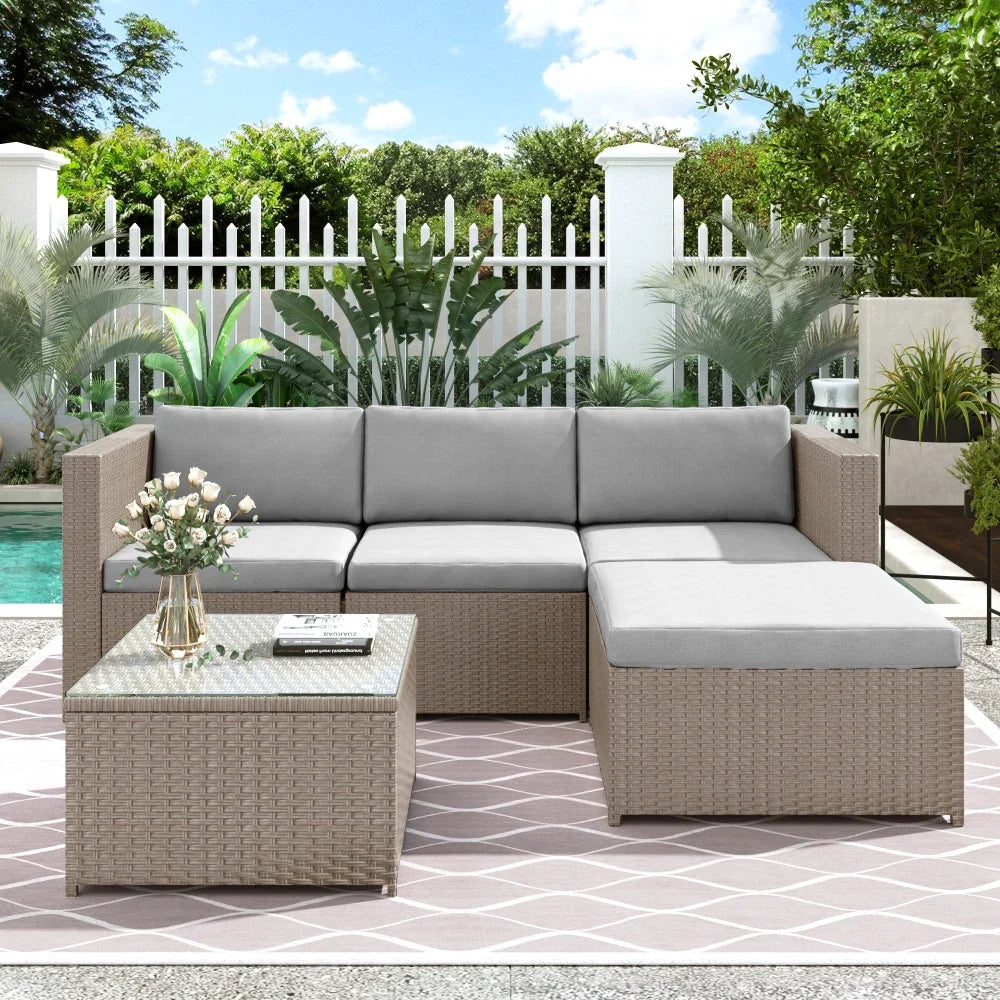 Poly rattan lounge sofa set, garden furniture, corner sofa with seat cushion and back cushion/lounge table with glass top - vue 4 sur 6