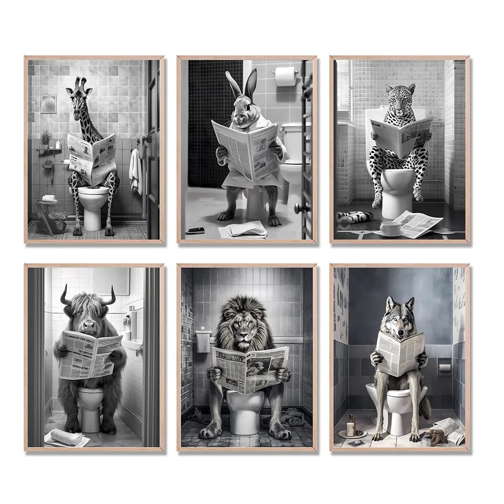 Animal On the Toilet Canvas Painting, Funny Bathroom Wall Art Pictures Prints, Black And White Animal Poster, Home Decor Murals