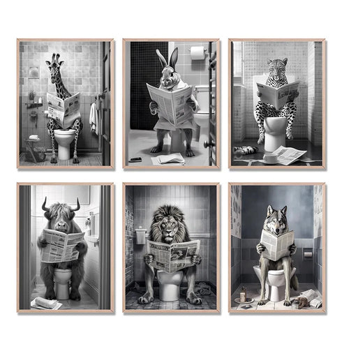 Animal On the Toilet Canvas Painting, Funny Bathroom Wall Art Pictures Prints, Black And White Animal Poster, Home Decor Murals - vue 2 sur 7