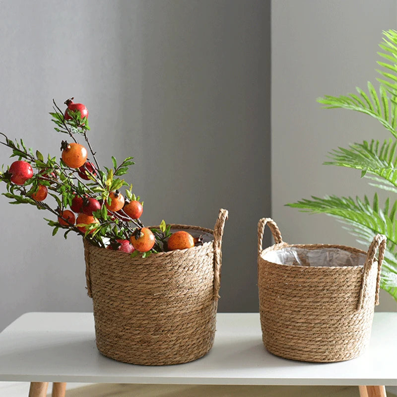 panier tissé à la main en paille pour plantes et linge - vue 6 sur 8