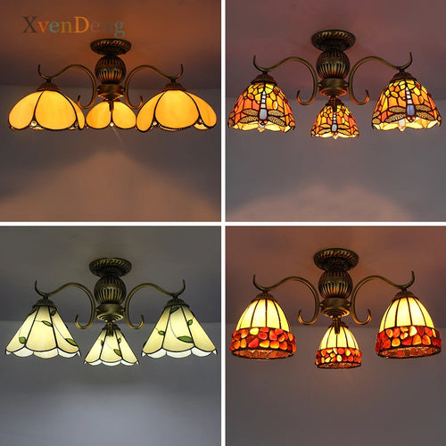 Tiffany Vitrail Plafonniers pour Salon Chambre Bar Salle à manger Décor À La Maison Vintage Fer LED Plafonniers Luminaires
