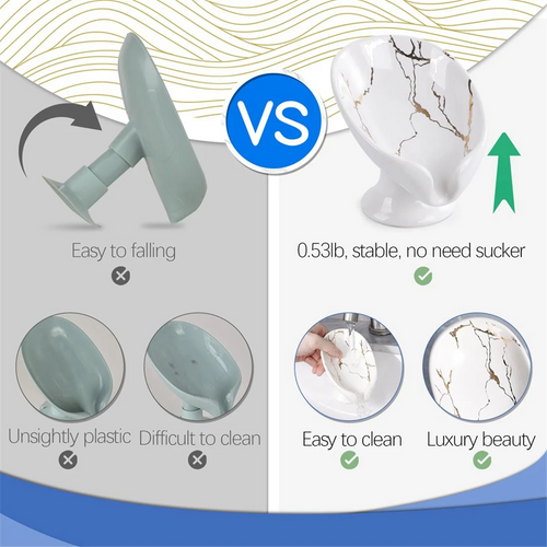 Soap Dish, Ceramic Soap Holder Self Draining Marble Look Leaf-Shape Soap Dishes for Bathroom,White - vue 6 sur 6