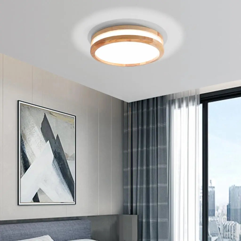 plafonnier led bois moderne nordique rond luminaire intérieur - vue 4 sur 7
