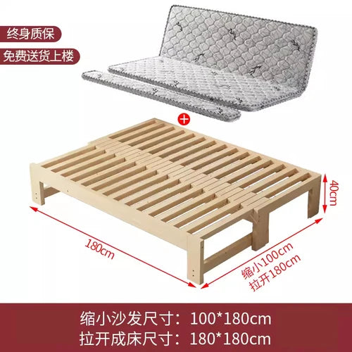 Customized: Fold-out sofa bed, dual-purpose all-solid wood, small apartment, telescopic bed, pull-out bed, push-pull bed, foldab