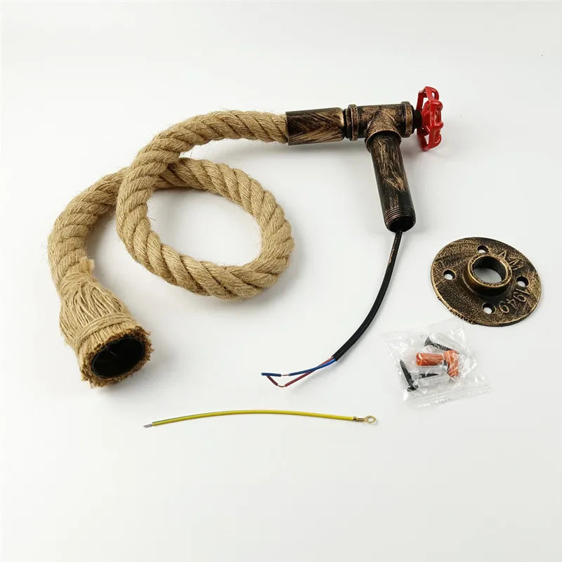 Vintage industrial wall light in iron and hemp rope for loft - vue 3 sur 4