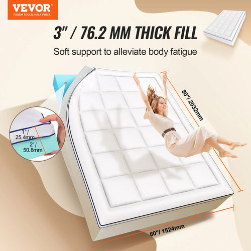 VEVOR Mattress Topper Queen Size 3 in / 4 in Thickness, Memory Foam & Fiber Fill, Ergonomically Designed for Pressure Relief - vue 3 sur 9