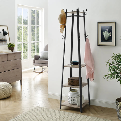 VASAGLE Coat Rack, Cloakroom, Clothes Rack with 3 Tier Shelf, Hooks and Rails, Steel Frame, Industrial Style - vue 2 sur 8