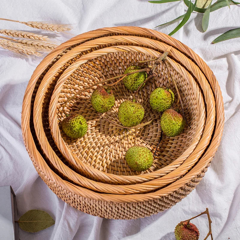 HEMU-Round Rattan Woven Basket, Wicker Fruit Basket, Bread Food, Kitchen Home Decor Organizer - vue 2 sur 12