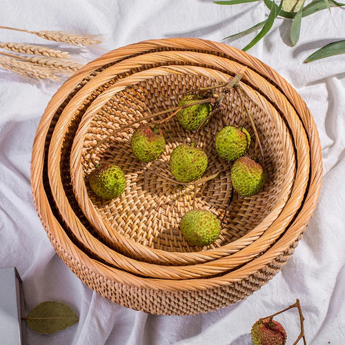 HEMU-Round Rattan Woven Basket, Wicker Fruit Basket, Bread Food, Kitchen Home Decor Organizer - vue 3 sur 12