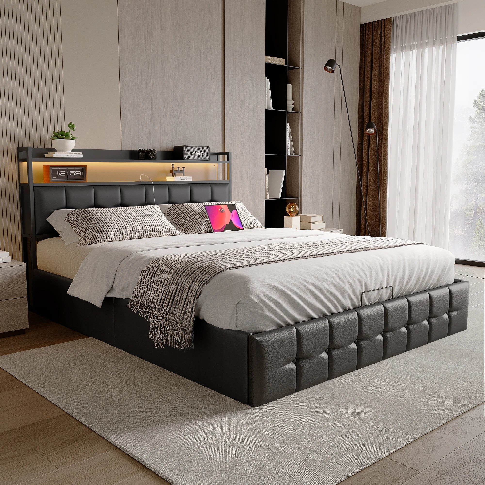 Storage Bed,Upholstered Bed 140/160x200cm,Headboard with LED Lighting and Charging USB,Double Bed with Storage Space,No mattress - vue 3 sur 6