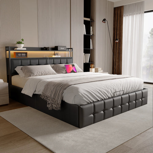 Storage Bed,Upholstered Bed 140/160x200cm,Headboard with LED Lighting and Charging USB,Double Bed with Storage Space,No mattress - vue 4 sur 6