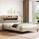 Bed frame bedroom furniture: headboard with storage and USB ports, full, grey modern upholstered platform bed
