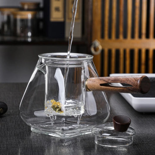 Theiere verre borosilicate poignée bois résistante chaleur