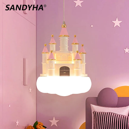 SANDYHA Lustre Chambre de Fille Château Rose Suspension Nuage Chambre d'enfant Décoration de la Maison Chevet LED Luminaire Suspendu - vue 3 sur 8
