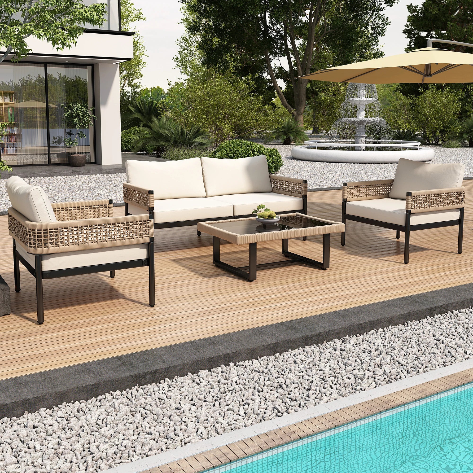ensemble de meubles de jardin en fer et corde beige avec table en verre - vue 2 sur 6