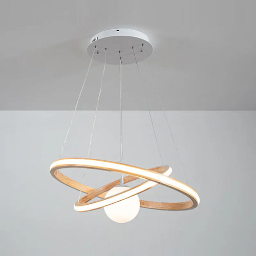 lustre en bois moderne avec anneaux lumineux et verre - vue 5 sur 9